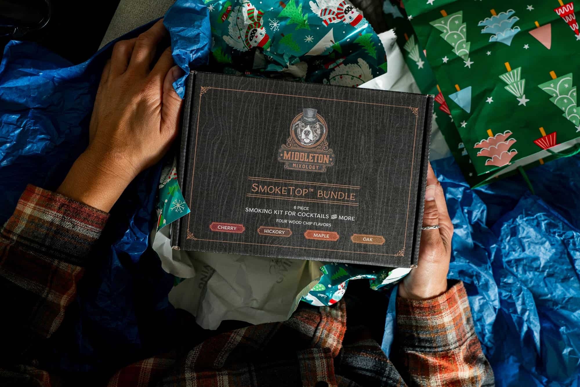 SmokeTop bundle gift box with wrapping paper, overhead view
