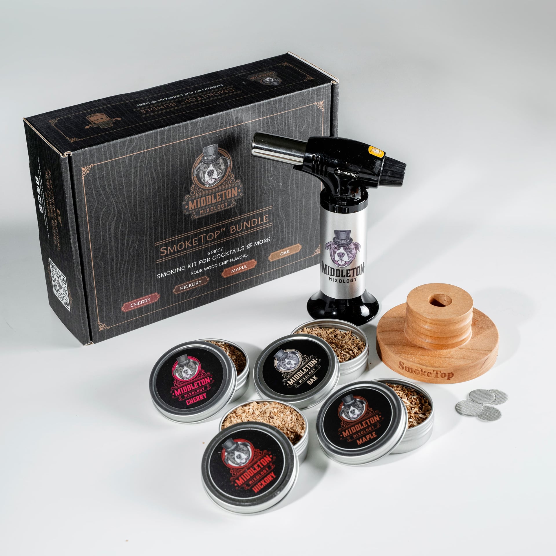 Premium SmokeTop gift set with luxury packaging including torch, wood chips, and accessories